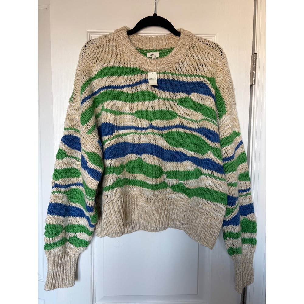 Aerie Intarsia Chunky Knit Crewneck Sweater Green Blue Striped Wool Blend Large